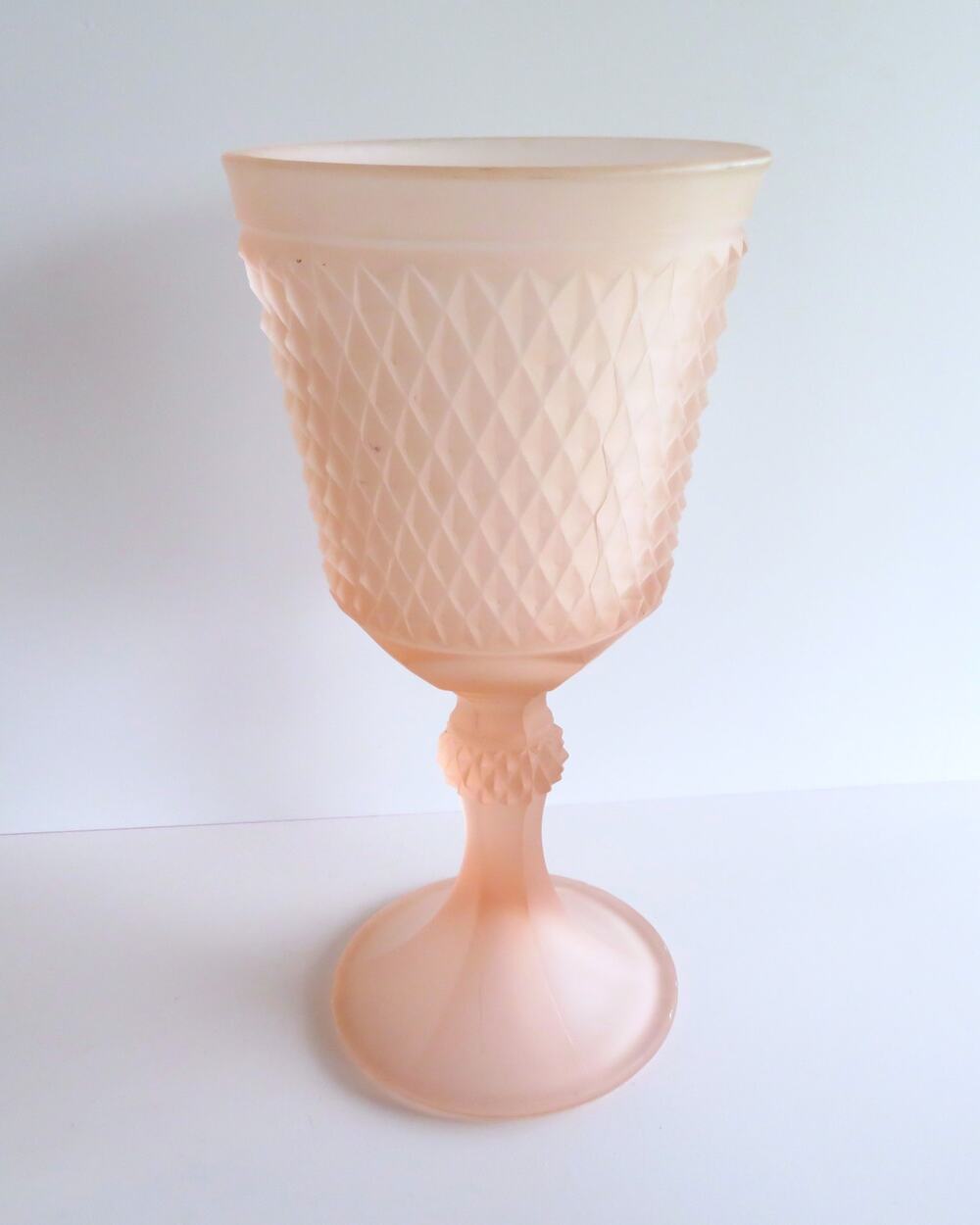 Vintage Indiana Glass Pink Satin Diamond Point 11" Blush Pedestal Chalice Vase